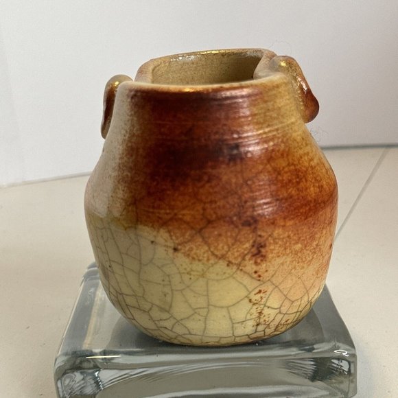 Raku Stoneware Pottery Pot Vase Signed Teri ? Orange/Copper Lava Type Glaze 3.7” - Picture 12 of 15